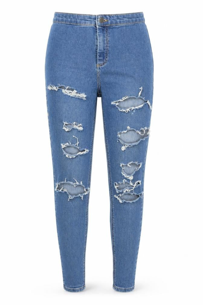 Front view of Topshop women’s blue skinny jeans, size UK 28, 34-inch leg