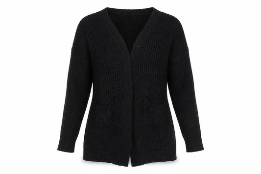 Front view of Misspap women’s black cardigan jumper, size UK 8