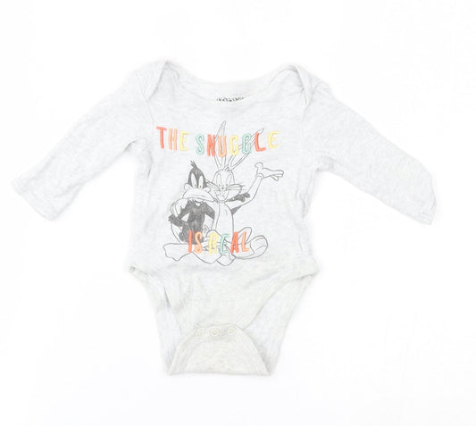 Front view of Looney Toons Baby Grey Babygrow One-Piece, size 0-3, Months - the snuggle is real