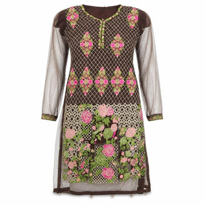 Front view of suli rang women’s brown floral a-line, size UK 8