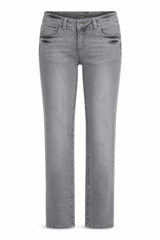Front view of Moto women’s grey denim straight jeans, size UK 28, 34-inch leg