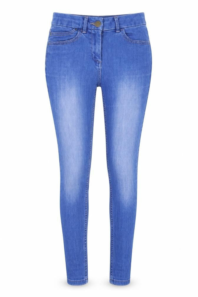Front view of Marks & Spencer women’s blue denim skinny jeans, size UK 8, 27-inch leg