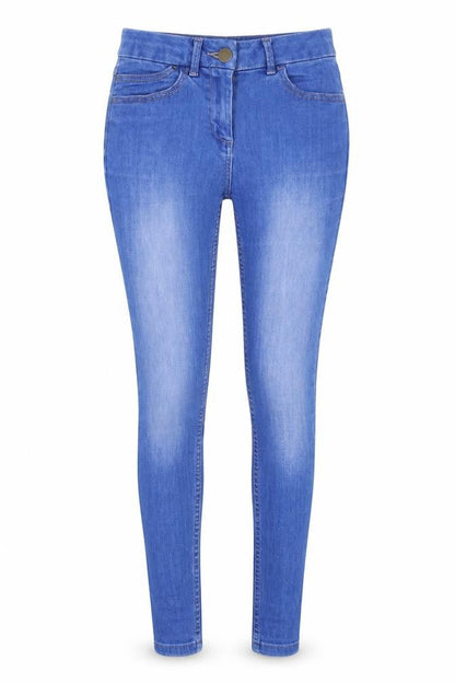 Front view of Marks & Spencer women’s blue denim skinny jeans, size UK 8, 27-inch leg