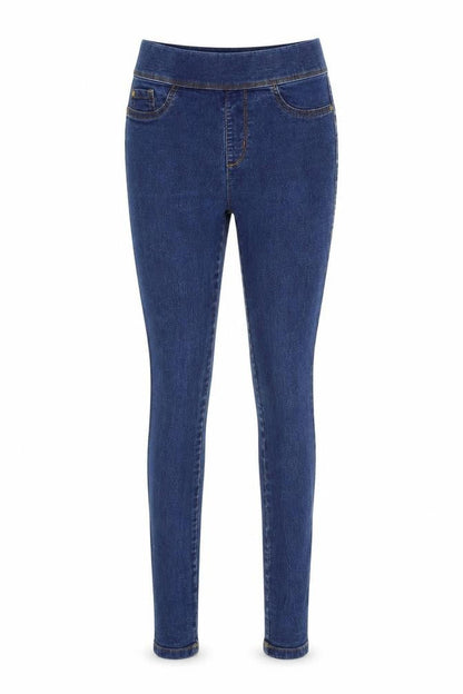 Front view of Denim & Co. women’s blue denim skinny jeans, size UK 8, 27-inch leg