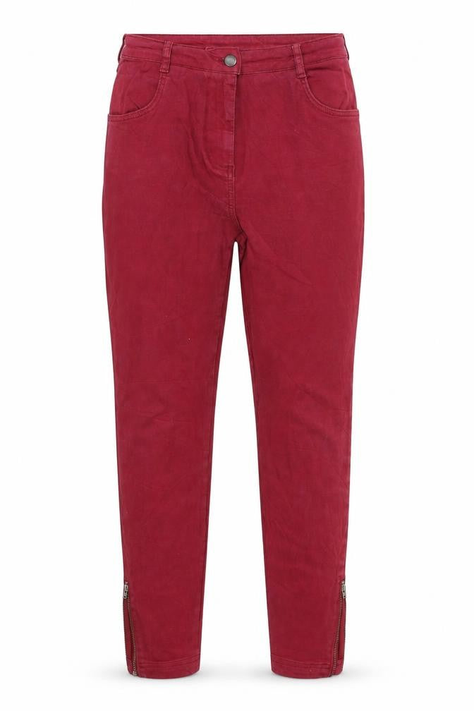 Front view of women’s red denim skinny jeans, size UK 26, in, 28-inch leg