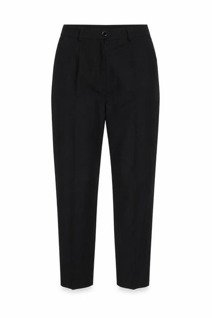 Front view of Preworn women’s black trousers, size UK 28, in, 29-inch leg