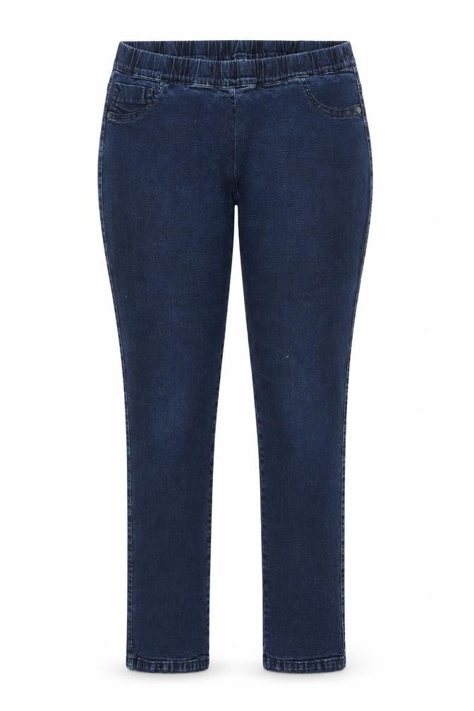 Front view of women’s blue denim jegging jeans, size UK 38, in, 31-inch leg