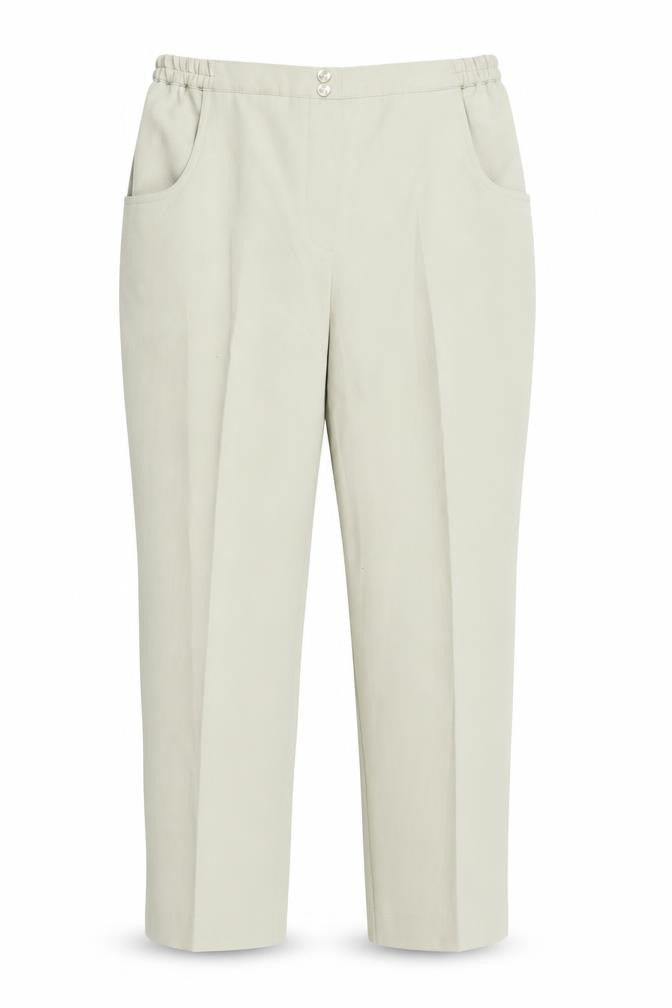 Front view of Essentials Collection women’s beige trousers, size UK 14, 23-inch leg