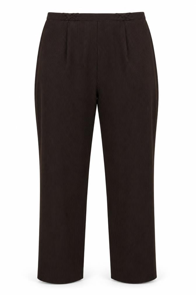 Front view of Bonmarché women’s brown striped trousers, size UK 16, 30-inch leg