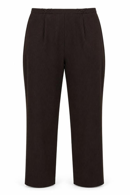 Front view of Bonmarché women’s brown striped trousers, size UK 16, 30-inch leg