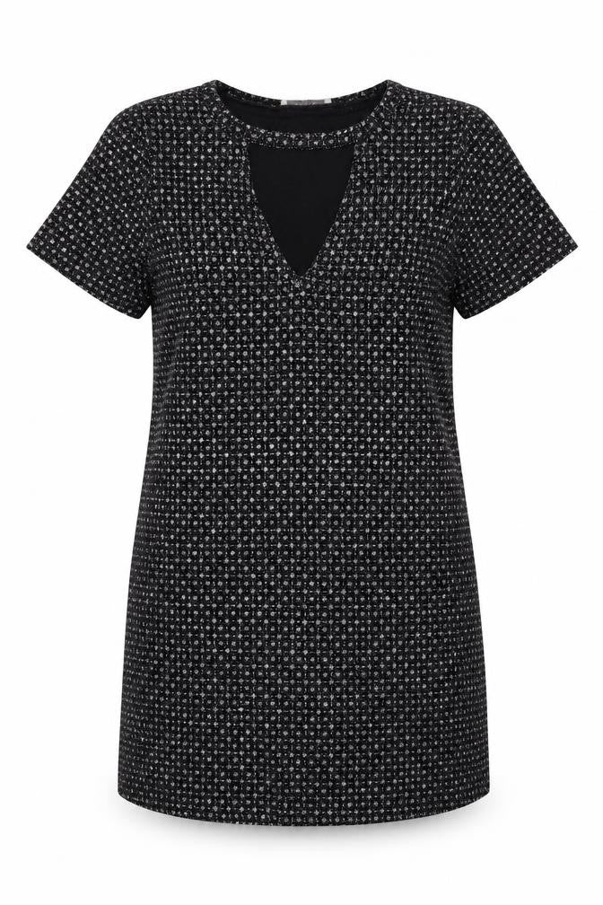 Front view of Oasis women’s black geometric rayon a-line, size S