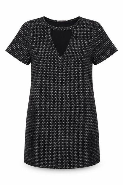 Front view of Oasis women’s black geometric rayon a-line, size S