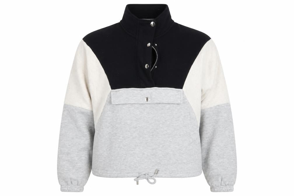 Front view of Primark women’s grey colourblock pullover sweatshirt, size UK 4