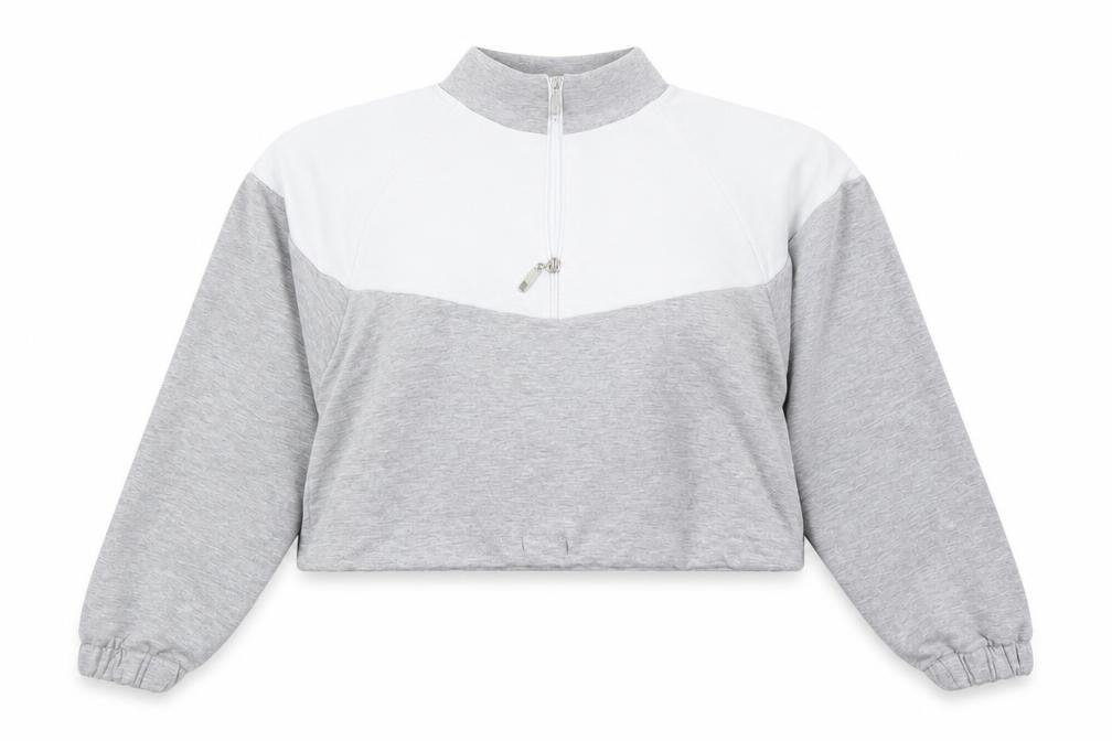 Front view of Boohoo women’s grey colourblock pullover sweatshirt, size M