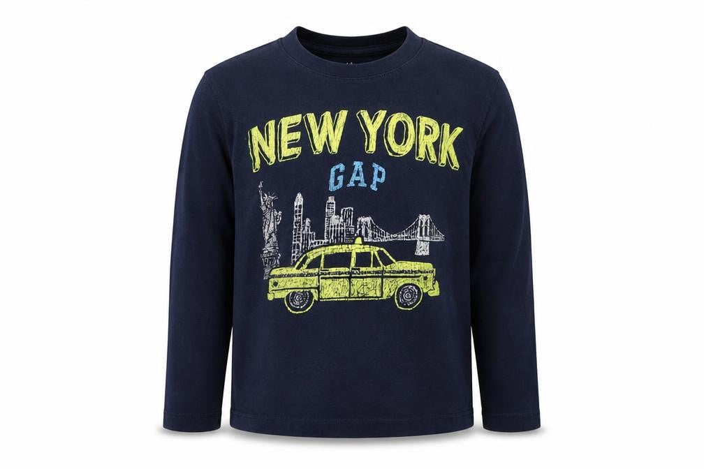 Front view of Gap boys’ blue basic t-shirt, size 5, years - new york yellow taxi
