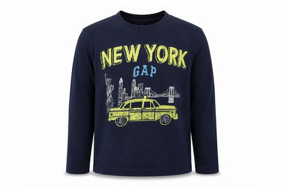 Front view of Gap boys’ blue basic t-shirt, size 5, years - new york yellow taxi