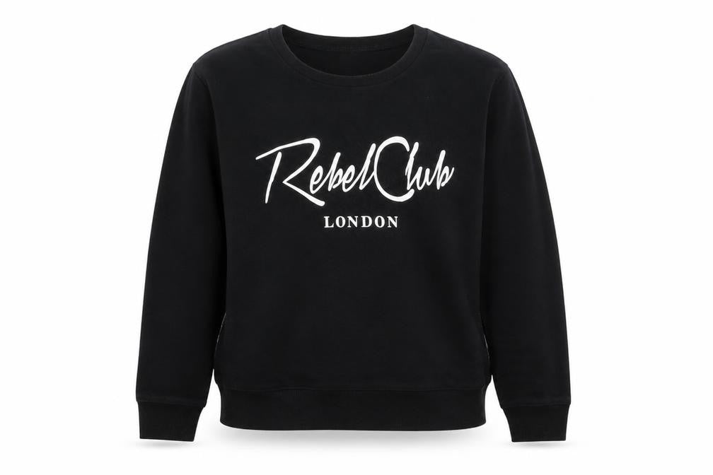 Front view of H&M women’s black pullover sweatshirt, size S, - rebel club
