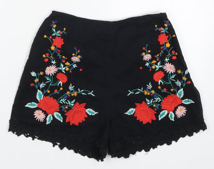 Miss Selfridge Womens Black Floral  Hot Pants Shorts Size 4