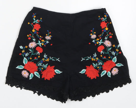 Miss Selfridge Womens Black Floral  Hot Pants Shorts Size 4