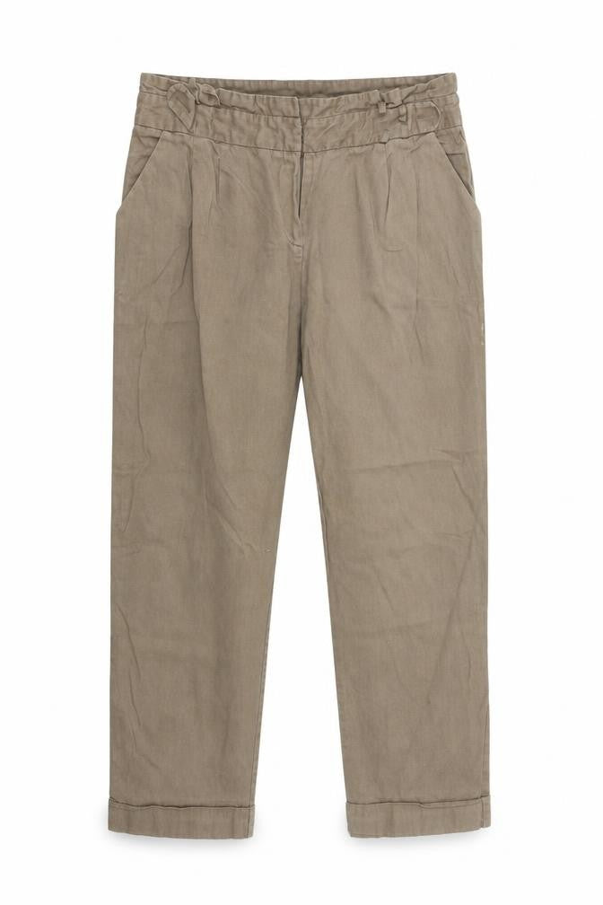 Front view of Preworn women’s brown chino trousers, size UK 32, in, 25-inch leg