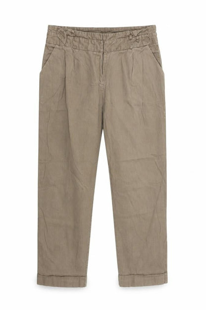 Front view of Preworn women’s brown chino trousers, size UK 32, in, 25-inch leg