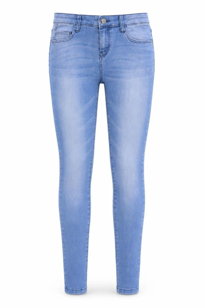 Front view of Denim & Co. women’s blue denim skinny jeans, size UK 10, 32-inch leg
