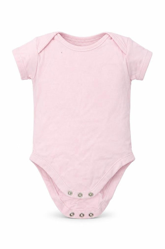 Front view of Nutmeg girls’ pink babygrow one-piece, size 3-6, months