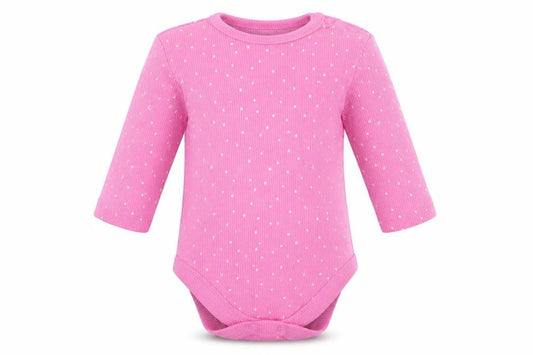 Front view of George girls’ pink polka dot babygrow one-piece, size 0-3, months