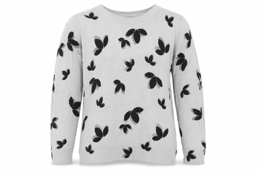 Front view of Marks & Spencer women’s grey floral knit jumper, size UK 12, - leaf print