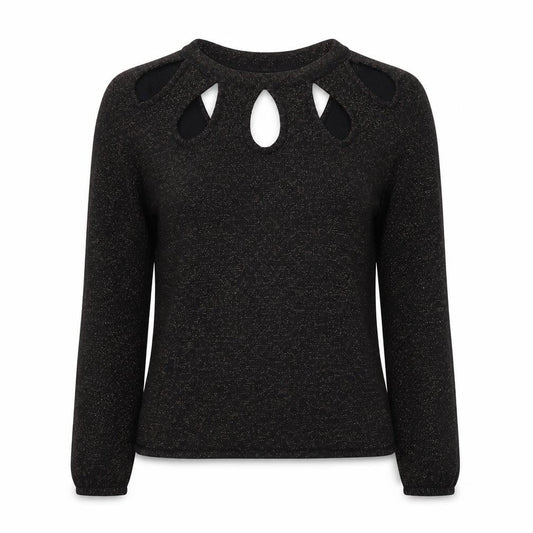 Front view of Amaryllis women’s black knit jumper, size UK 10, - brown metal glitter