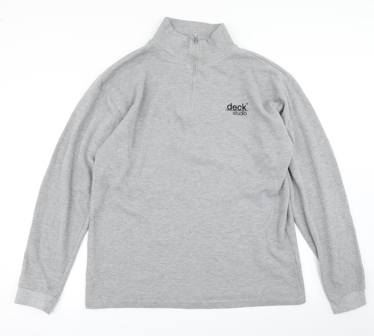 Additional front view of deck men’s grey pullover sweatshirt, size L