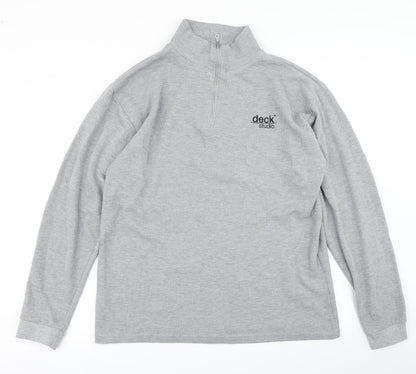 Additional front view of deck men’s grey pullover sweatshirt, size L