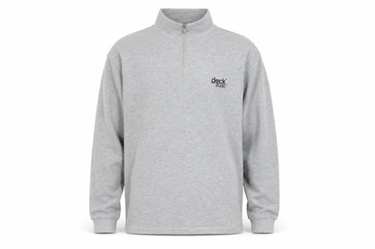 Front view of deck men’s grey pullover sweatshirt, size L