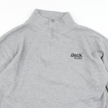Close-up detail of deck men’s grey pullover sweatshirt, size L