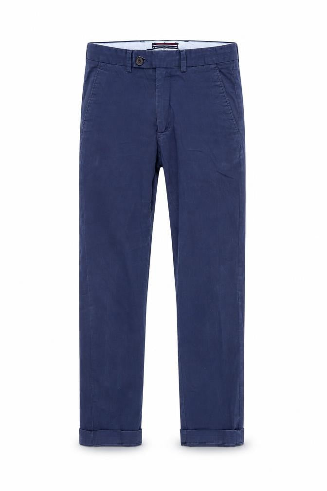 Front view of t m lewin men’s blue trousers, size 28, 26-inch leg