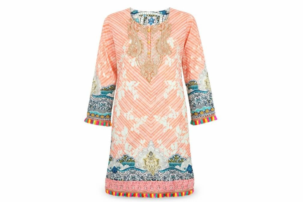 Front view of women’s multicoloured geometric t-shirt dress, size S