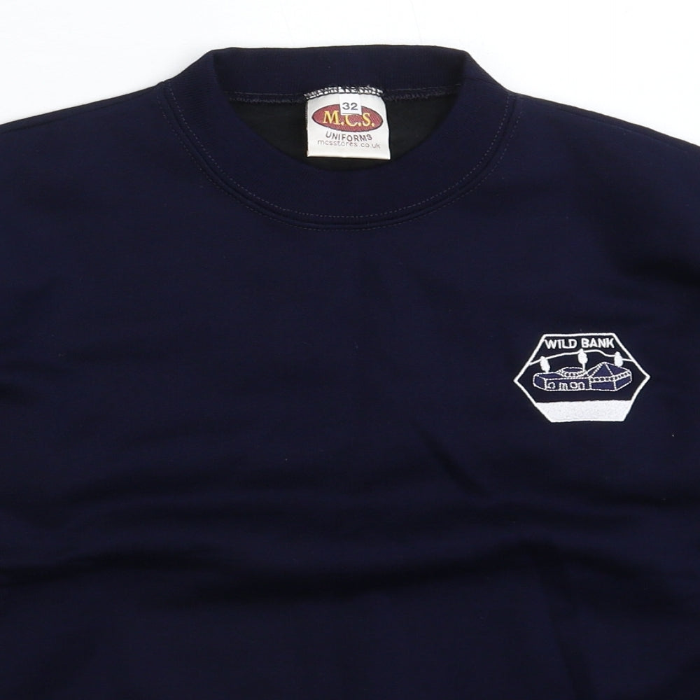 Close-up detail of MCS men’s blue pullover sweatshirt, size XS