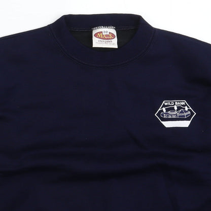 Close-up detail of MCS men’s blue pullover sweatshirt, size XS