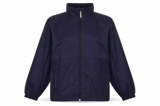 Front view of B&C women’s blue rain coat coat, size UK 14