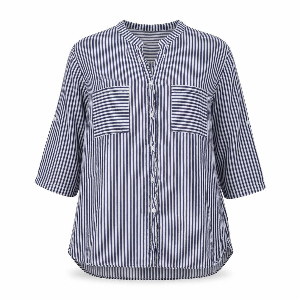 Front view of Lacon Bleu women’s blue striped basic button-up, size XL