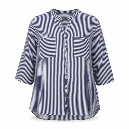 Front view of Lacon Bleu women’s blue striped basic button-up, size XL