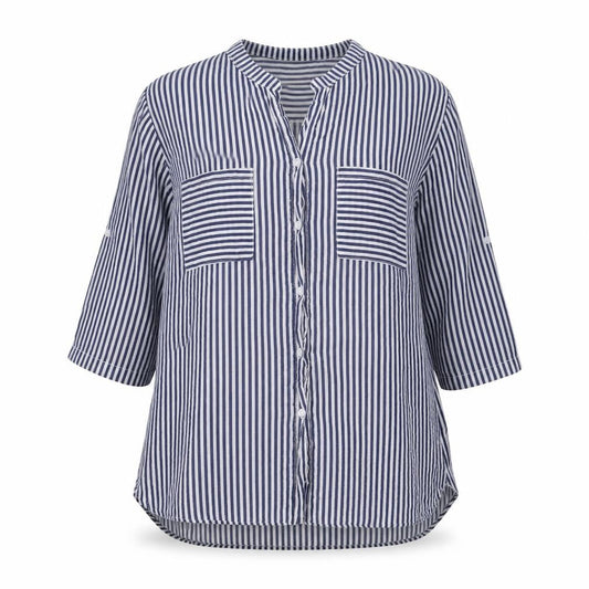 Front view of Lacon Bleu women’s blue striped basic button-up, size XL