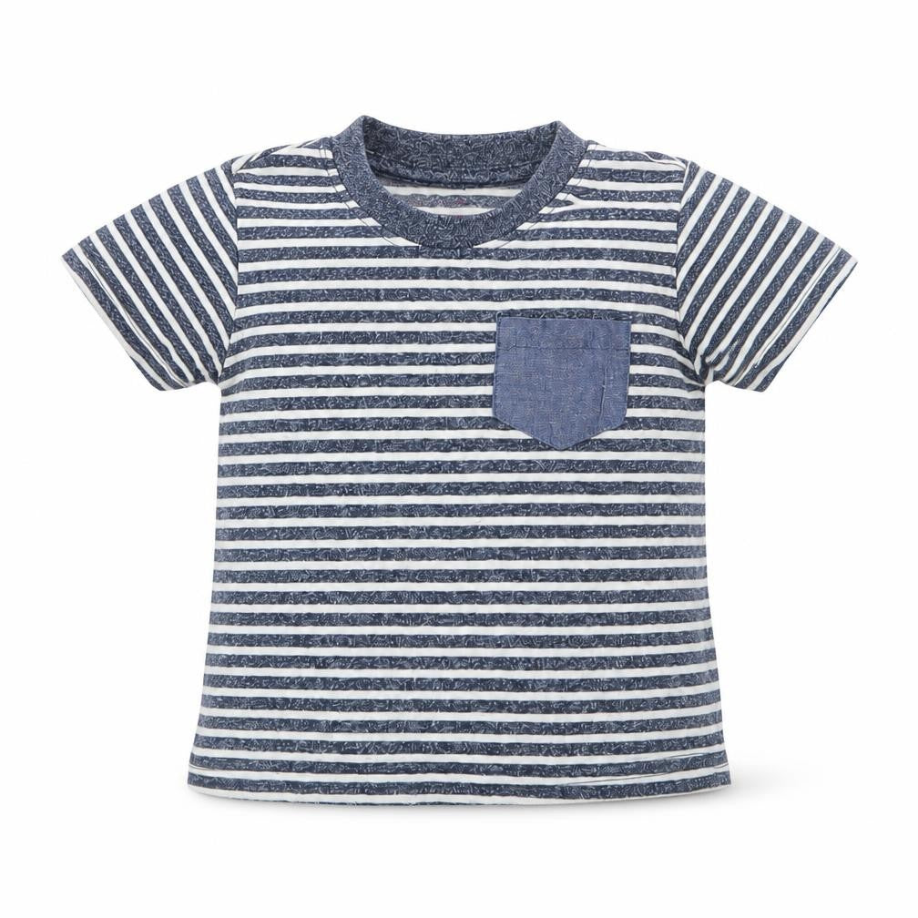 Front view of Primark boys’ blue striped basic t-shirt, size 9-12, months