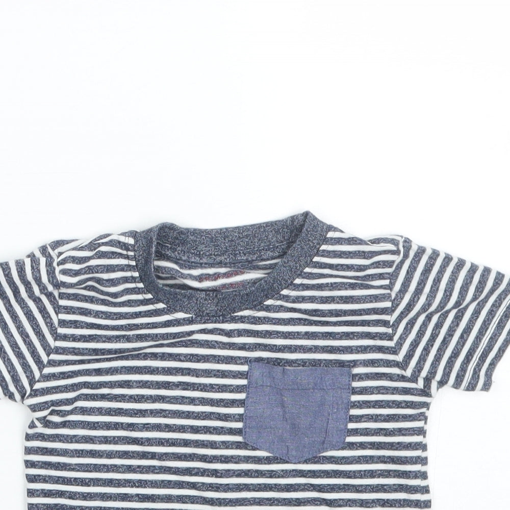 Close-up detail of Primark boys’ blue striped basic t-shirt, size 9-12, months