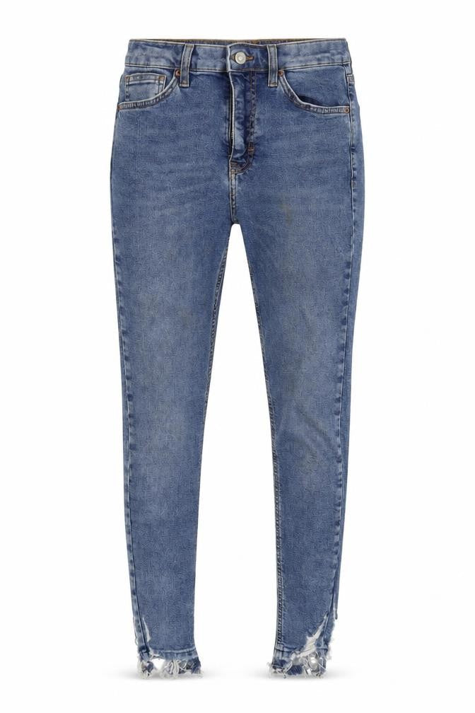 Front view of Topshop women’s blue skinny jeans, size UK 28, 32-inch leg