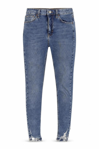 Front view of Topshop women’s blue skinny jeans, size UK 28, 32-inch leg