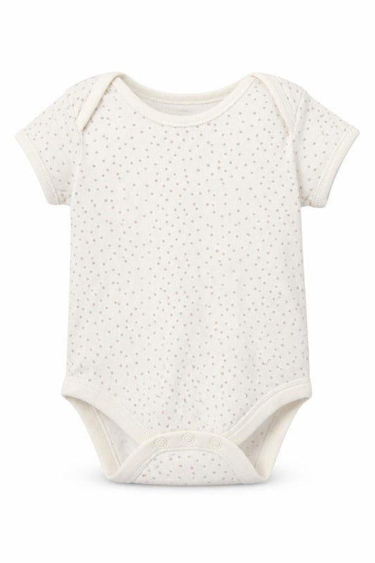 Front view of George Baby Beige Polka Dot Babygrow One-Piece, size 6-9, Months
