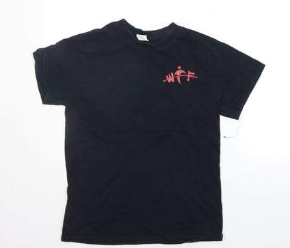 Front view of Gildan boys’ blue basic t-shirt, size S