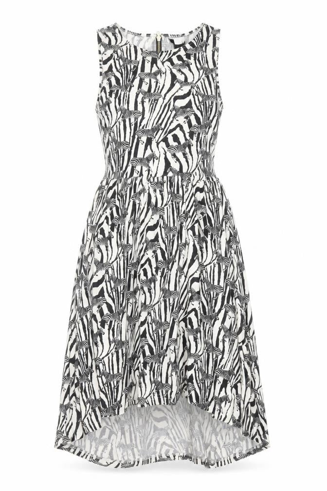 Front view of H&M women’s black animal print fit & flare, size XS, - zebra print