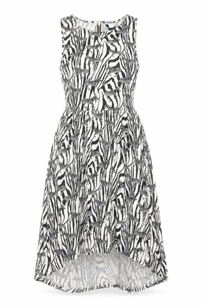 Front view of H&M women’s black animal print fit & flare, size XS, - zebra print